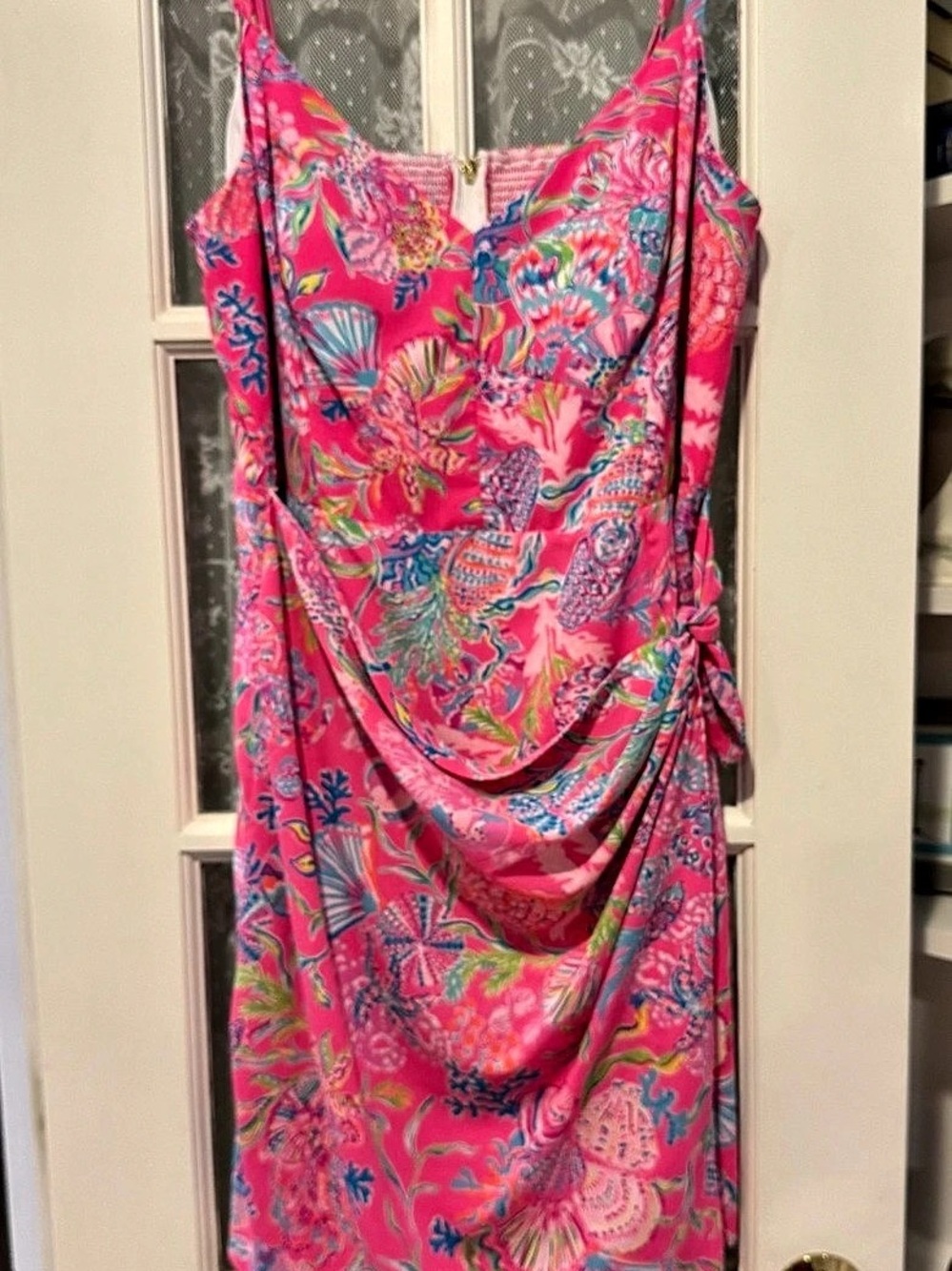 Lilly Pulitzer Pink Tropical Seashell Ruched Dress Size 16 Adjustable Straps